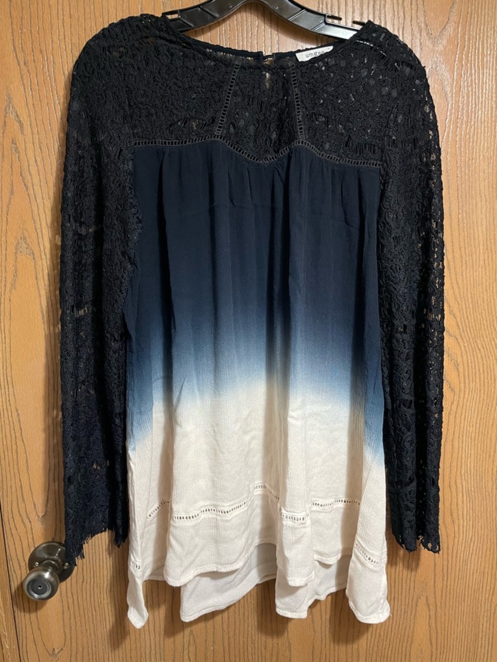 Umgee Navy Ombré Top with Black Lace Yoke and Sleeves